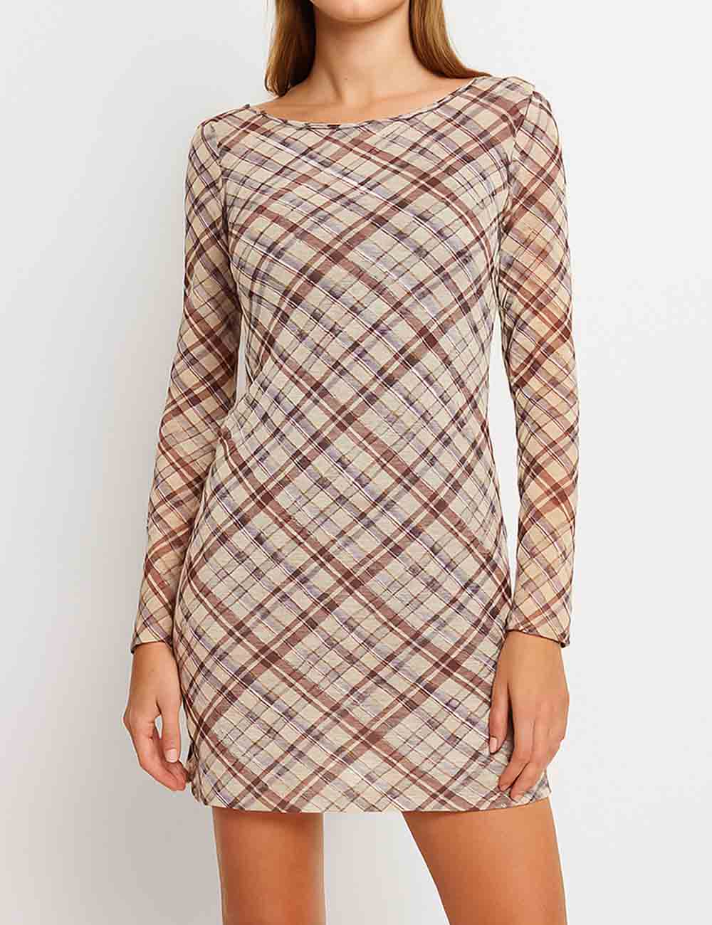 Ladies Checked Print Round Neck Scoop Back Mesh Mini Dress