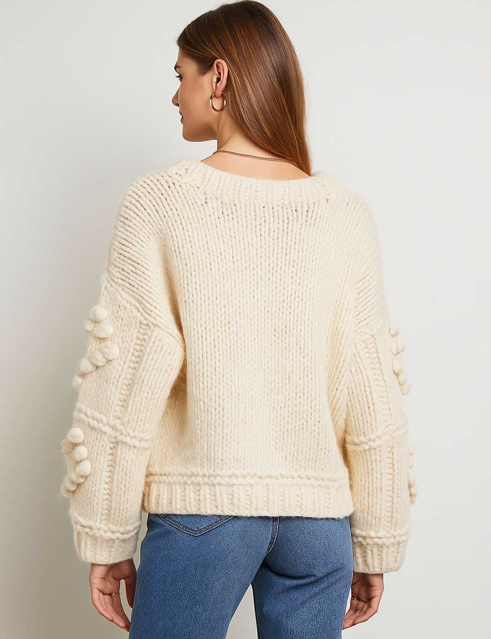 Ladies Solid Color Heart Pattern Long Sleeves Crochet Sweater