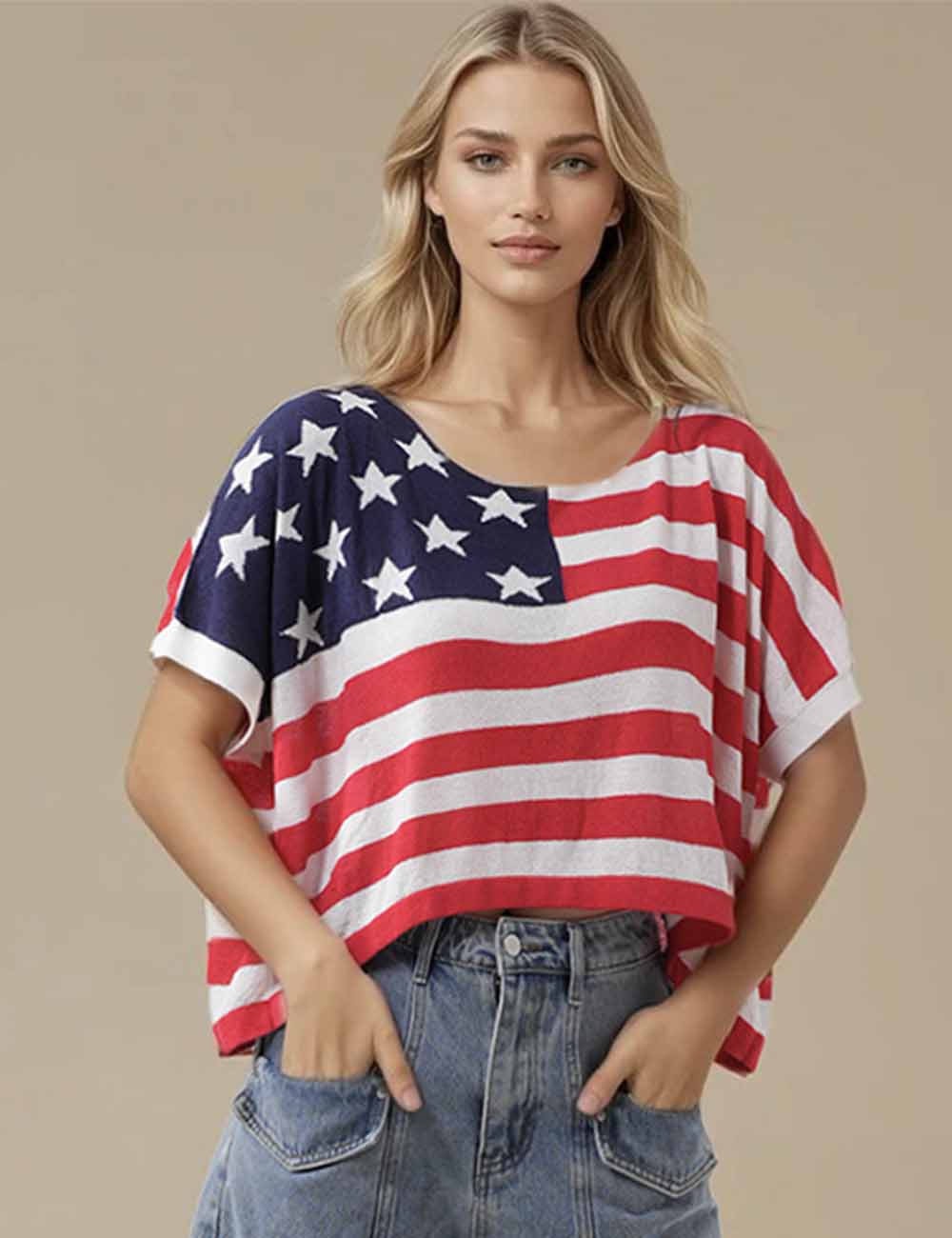 Ladies 4th of July Patriotic Short Sleeves Knit Top