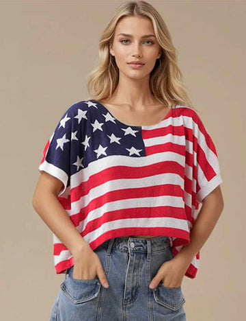 Ladies 4th of July Patriotic Short Sleeves Knit Top