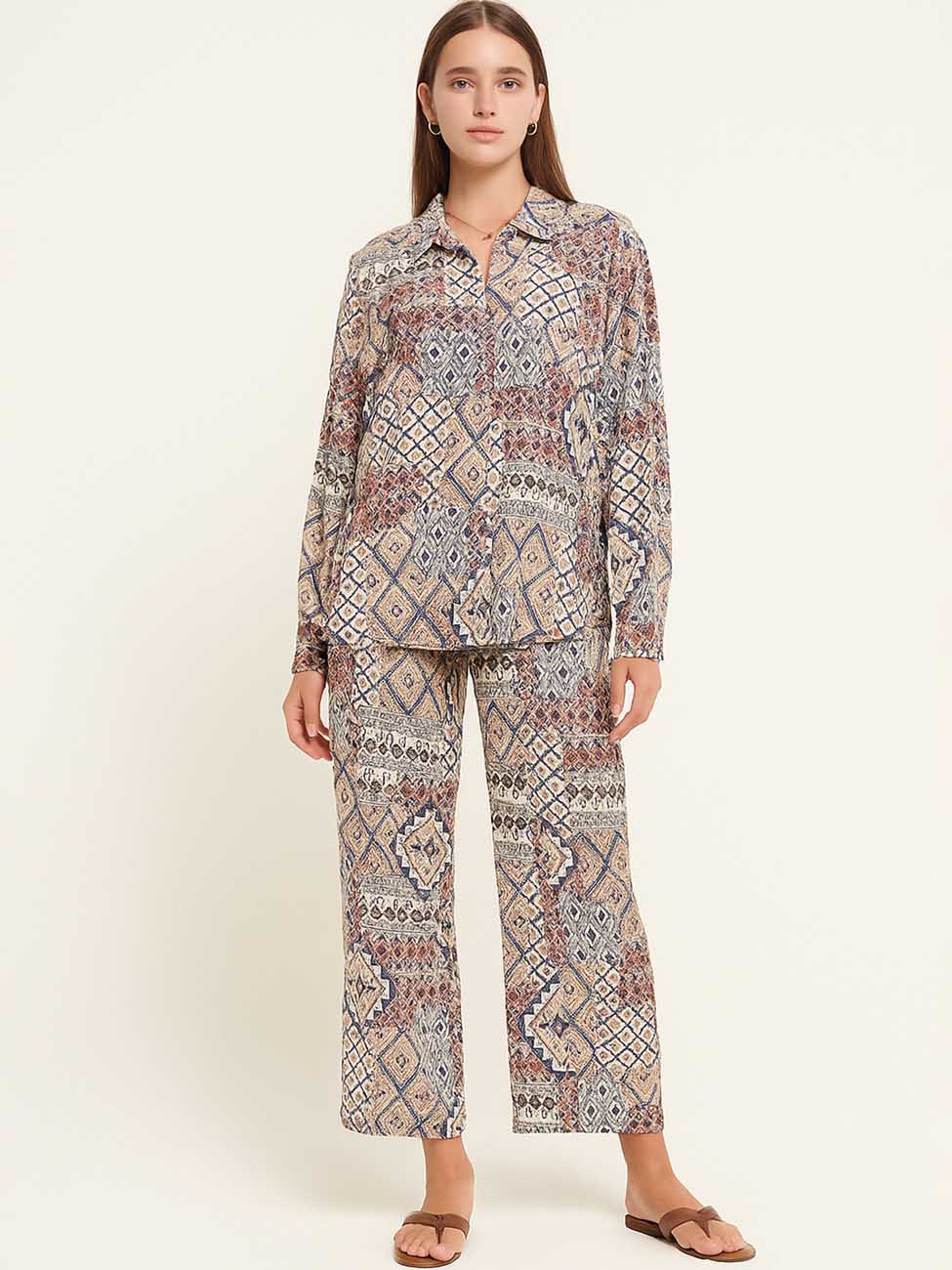 Women Bohemia Print Botton Down Shirt Pants 2PCS Set