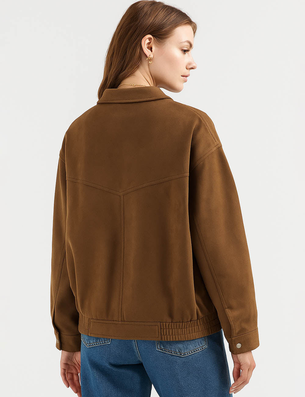 Ladies Faux Suede Turndown Collar Pocket Front Jacket