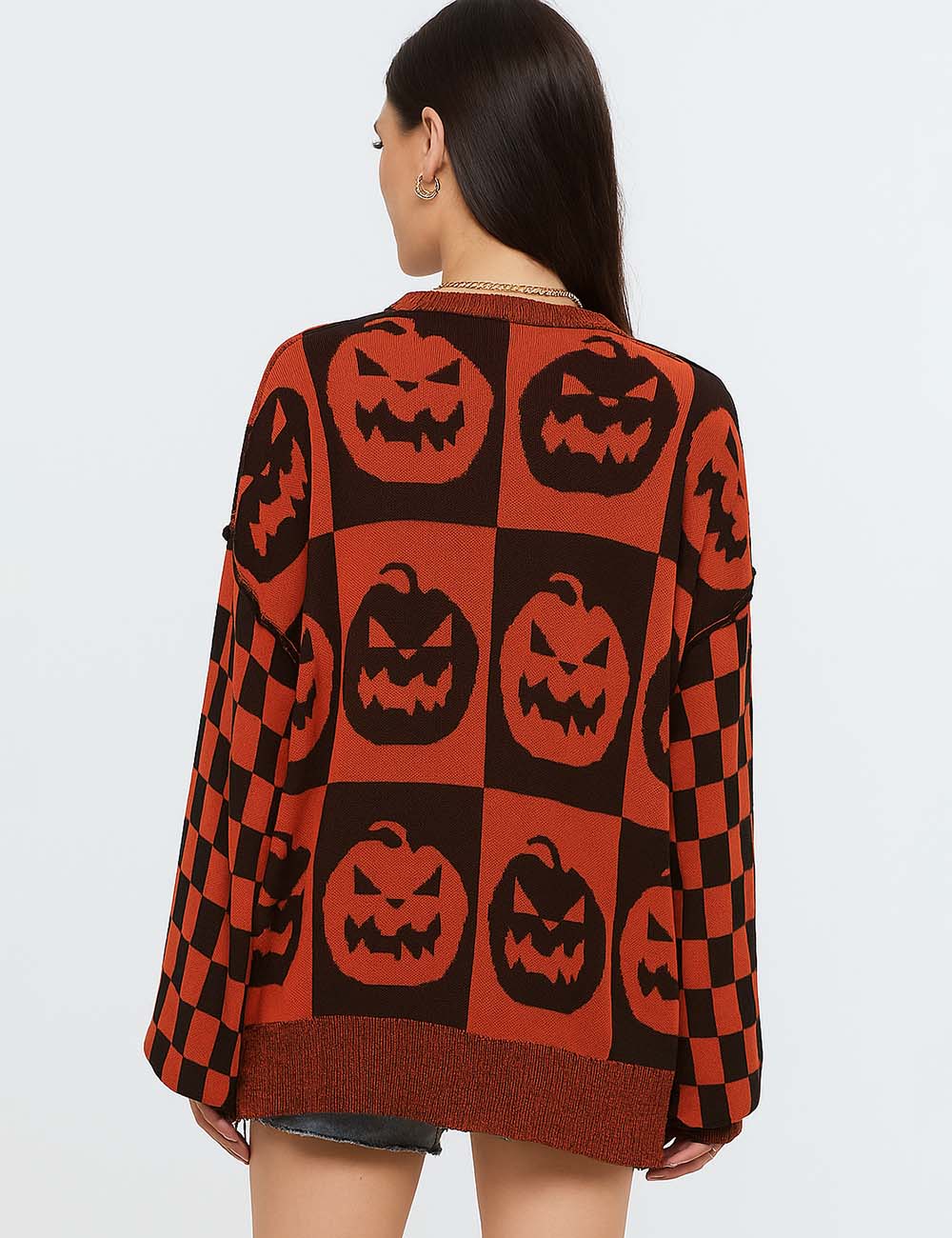 Ladies Halloween Color Block Ghost Round Neck Knit Sweater