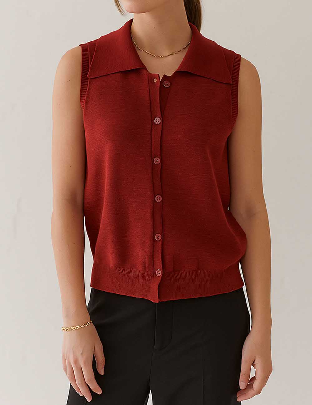 Ladies Solid Color Polo Collar Knit Sleeveless Top