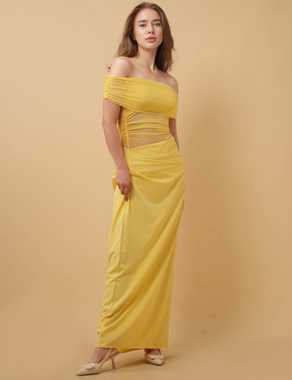 Ladies Mesh Splice Slim Off-Shoulder Maxi Dress 8SKD51328