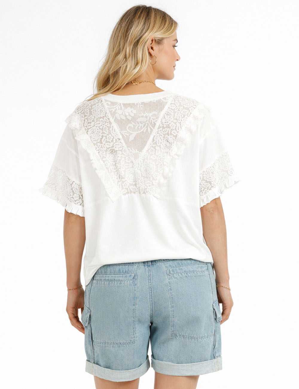 Ladies Romantic Lace Round Neck Ruffle Sleeves Top