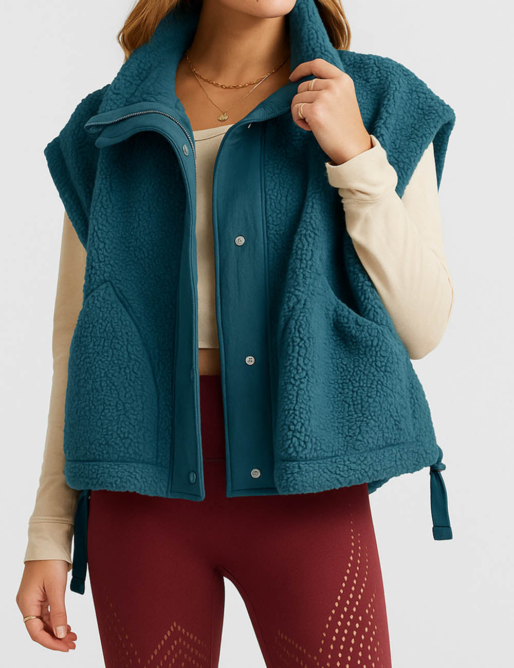 Ladies Cozy Sherpa Fleece Stand Collar Button Front Vest