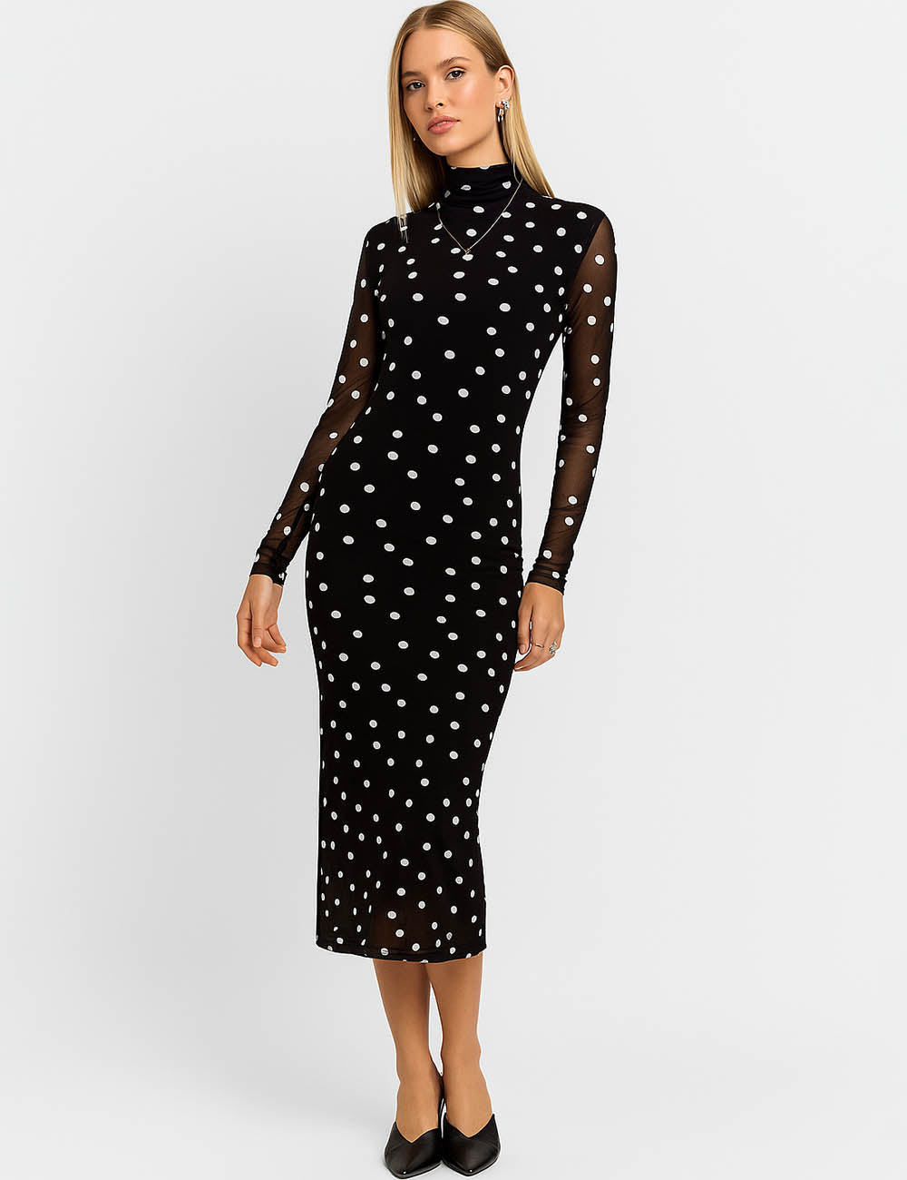 Ladies Polka Dot Slip Lining Sheer Mesh Maxi Dress