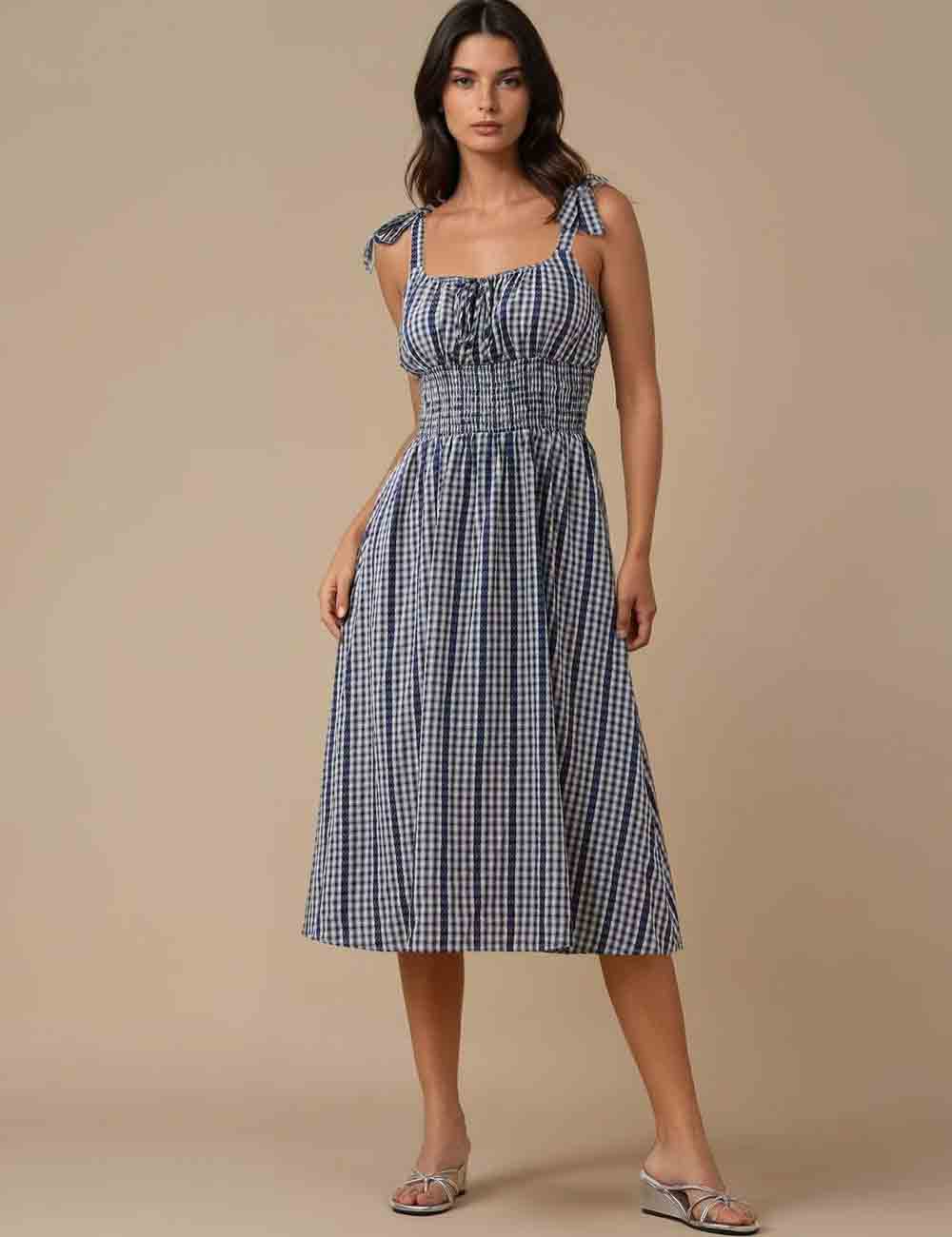 Ladies Square Neck Checked Smocking Strap Shoulder Midi Dress