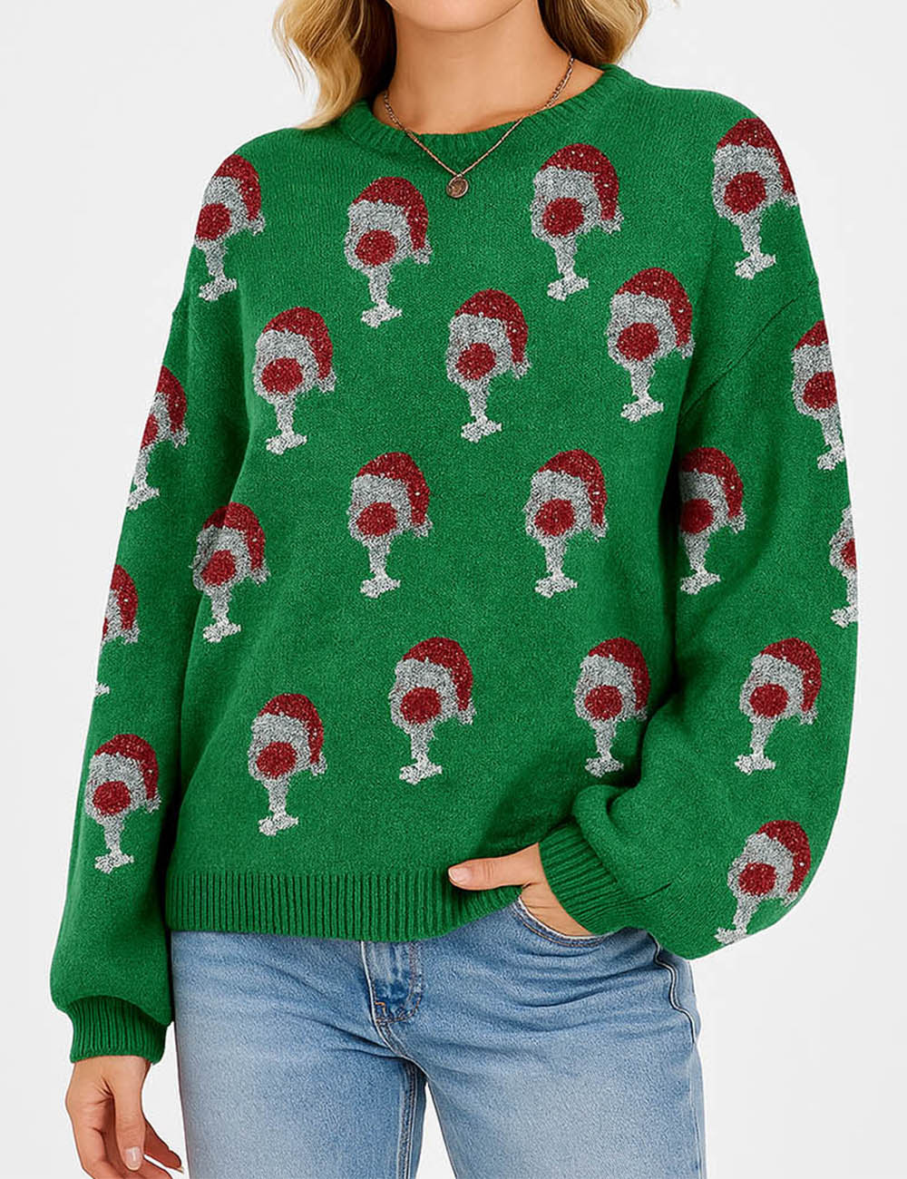 Ladies Christmas Wine & Santa Hat Puff Sleeves Holiday Sweater