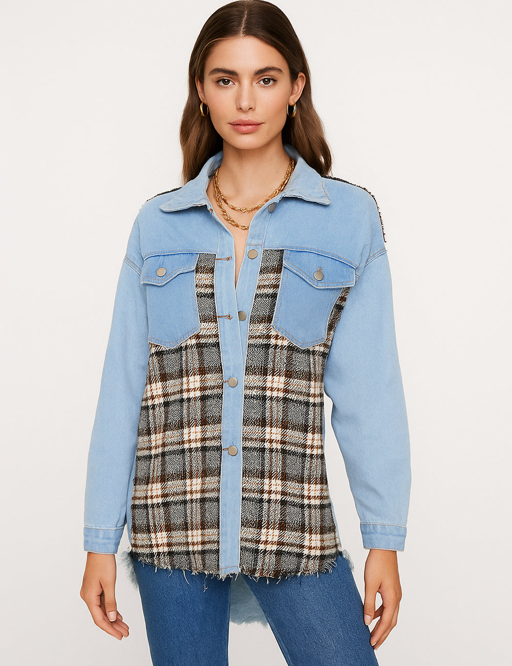 Ladies Plaid Patchwork Button Down Denim Jacket