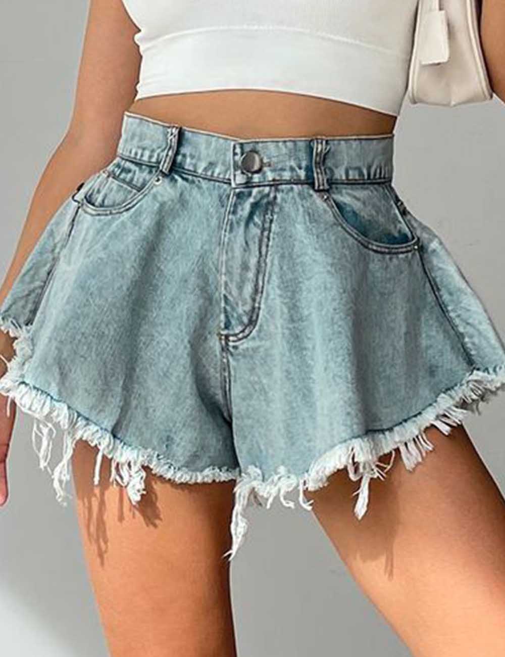 Ladies Distressed Pocket A-Line Denim Shorts