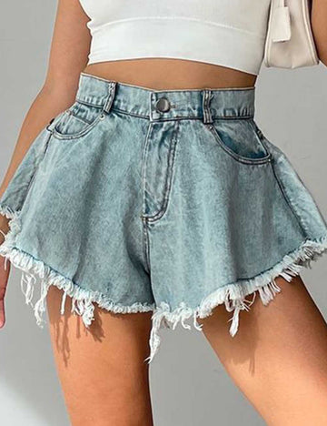 Ladies Distressed Pocket A-Line Denim Shorts