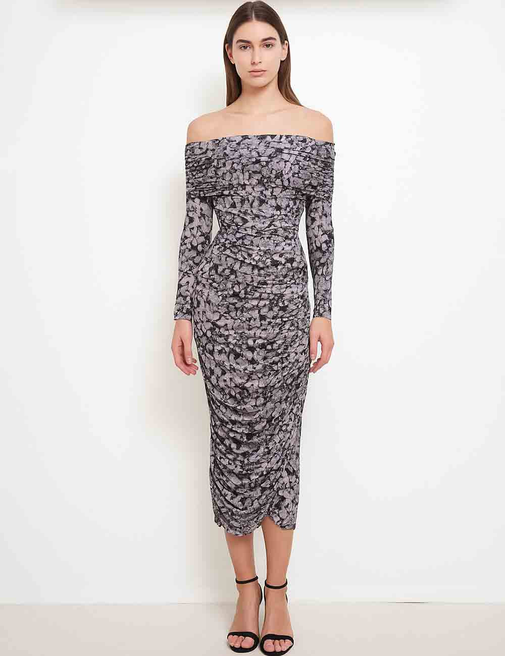 Ladies Floral Print Off-Shoulder Wrinkle Mesh Maxi Dress