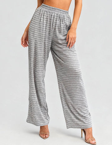 Ladies Striped Color Block Elastic Waist Wide Leg Pants