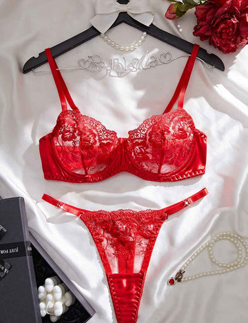 Ladies Stain Embroidery Sheer Mesh Lingerie Set