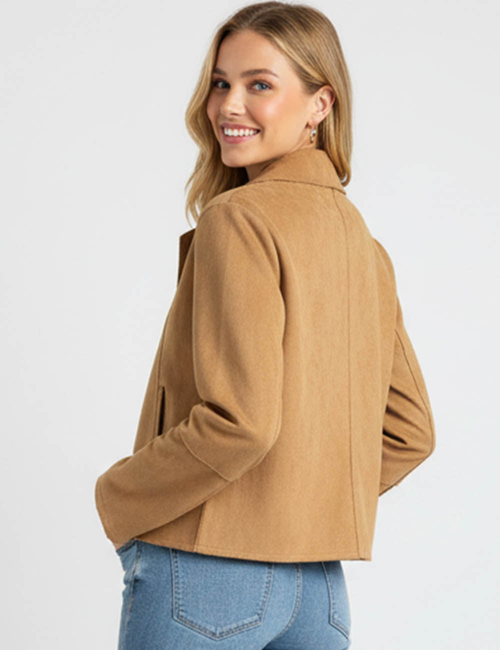 Ladies Faux Suede Lapel Collar Long Sleeves Cropped Jackets