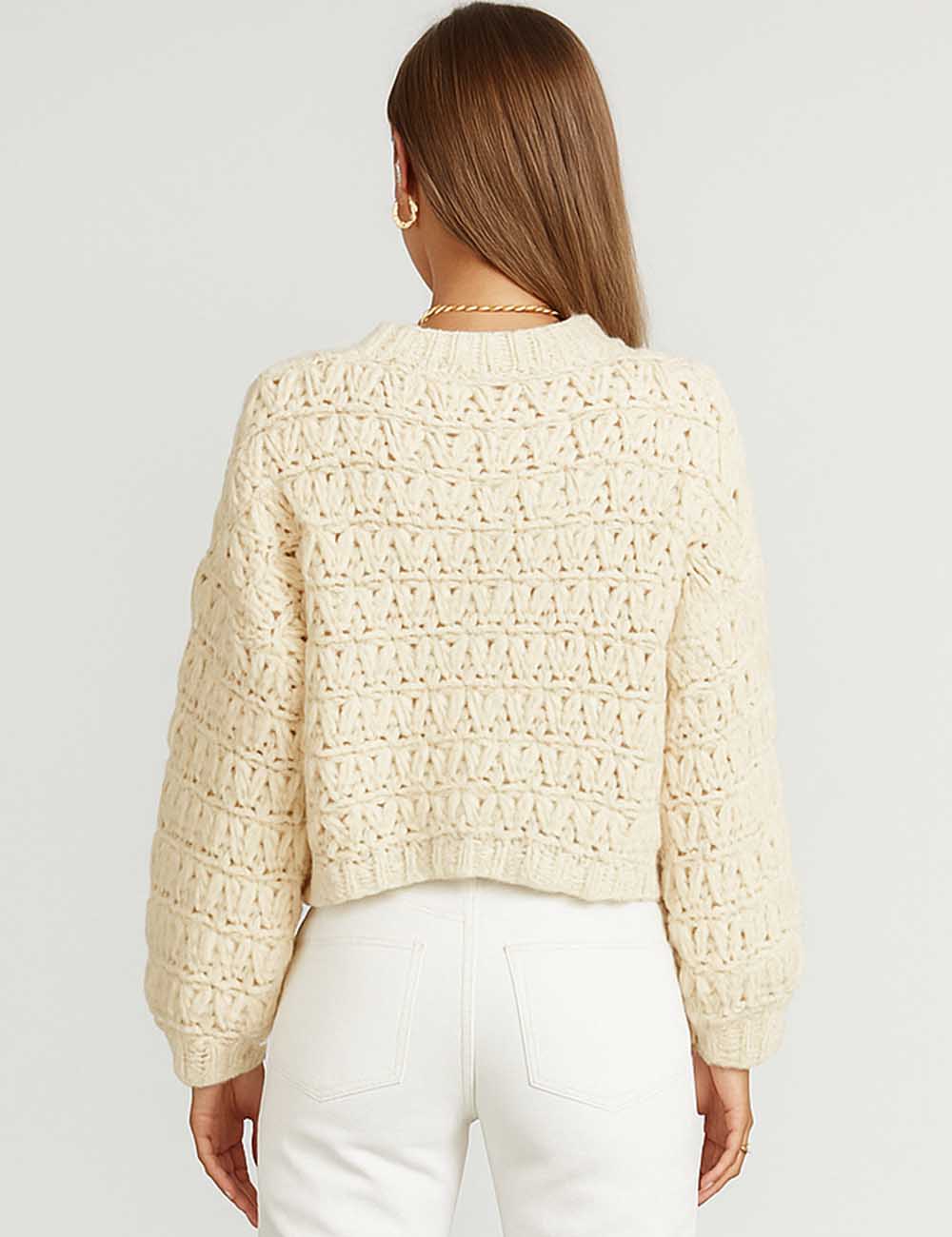 Ladies Chunky Knit Balloon Sleeves Cropped Sweater Top
