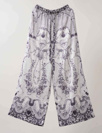 Ladies Floral Print Pull On Drawstring Wide Leg Pants
