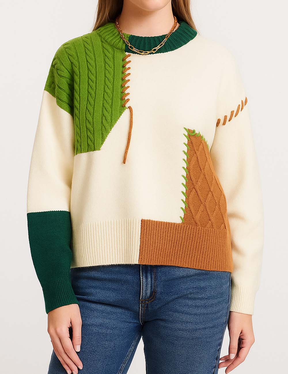 Ladies Multi Color Splice Long Sleeves Knit Sweater