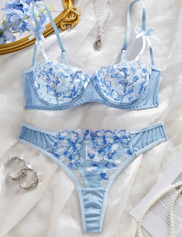 Ladies Sxey Solid Color Sheer Mesh Embroider Lingerie Set