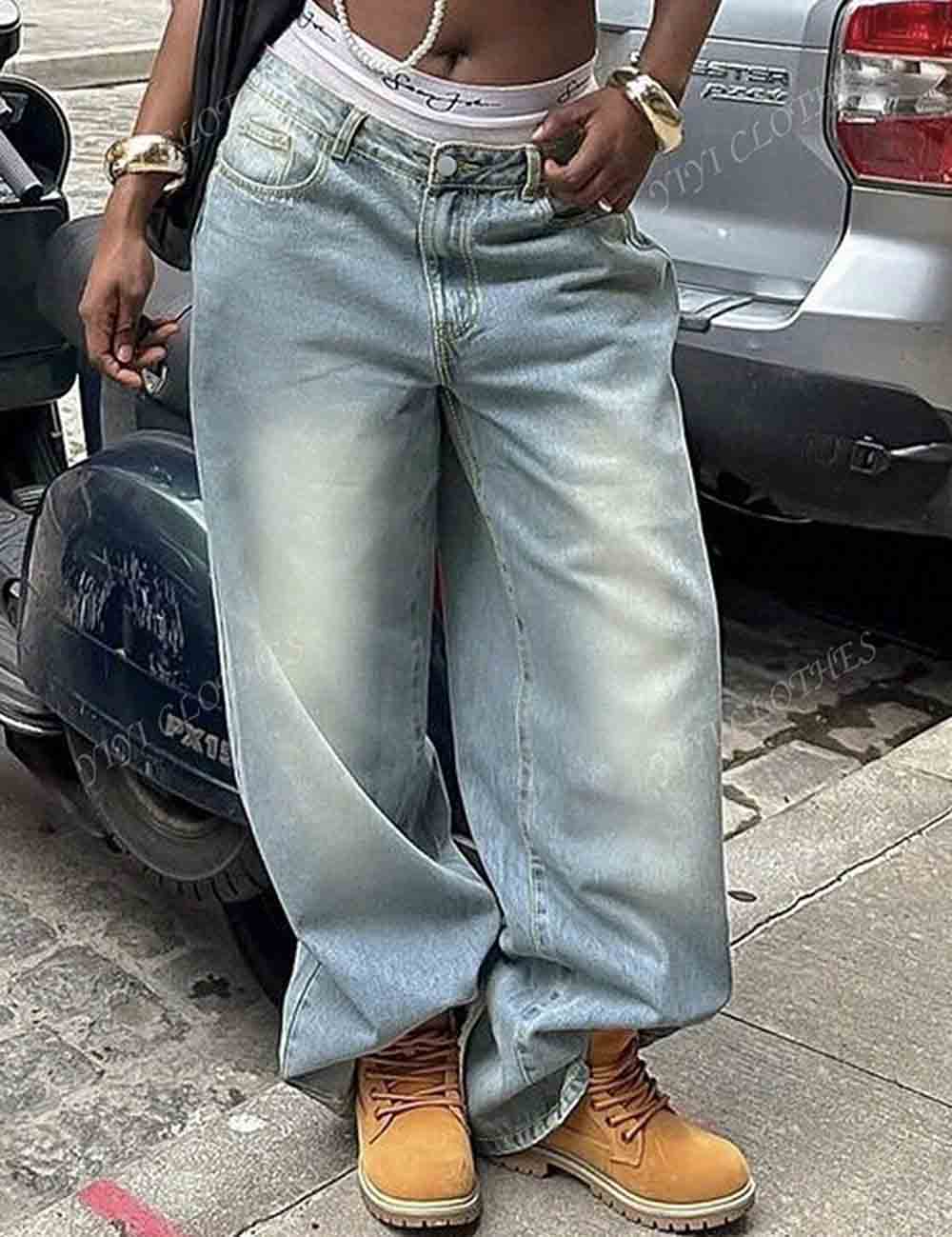 Ladies Baggy Jeans Pocket Wide Leg Denim Pants