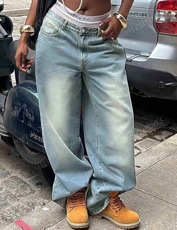 Ladies Baggy Jeans Pocket Wide Leg Denim Pants