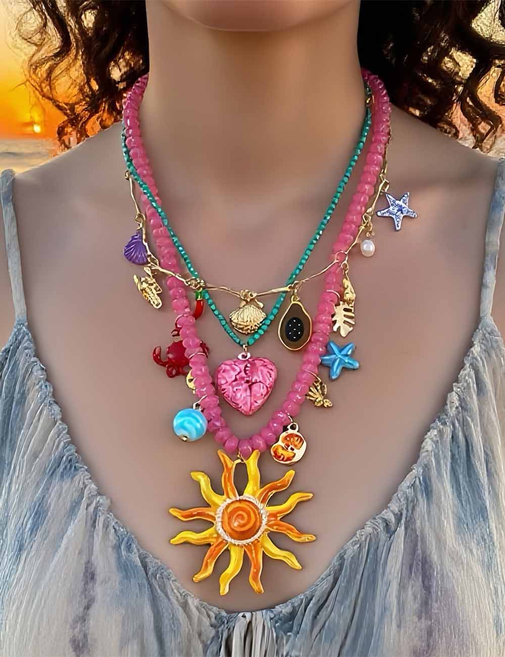 Ladies Boho Colorful 3PCS Layer Sun Face Pendant Necklace