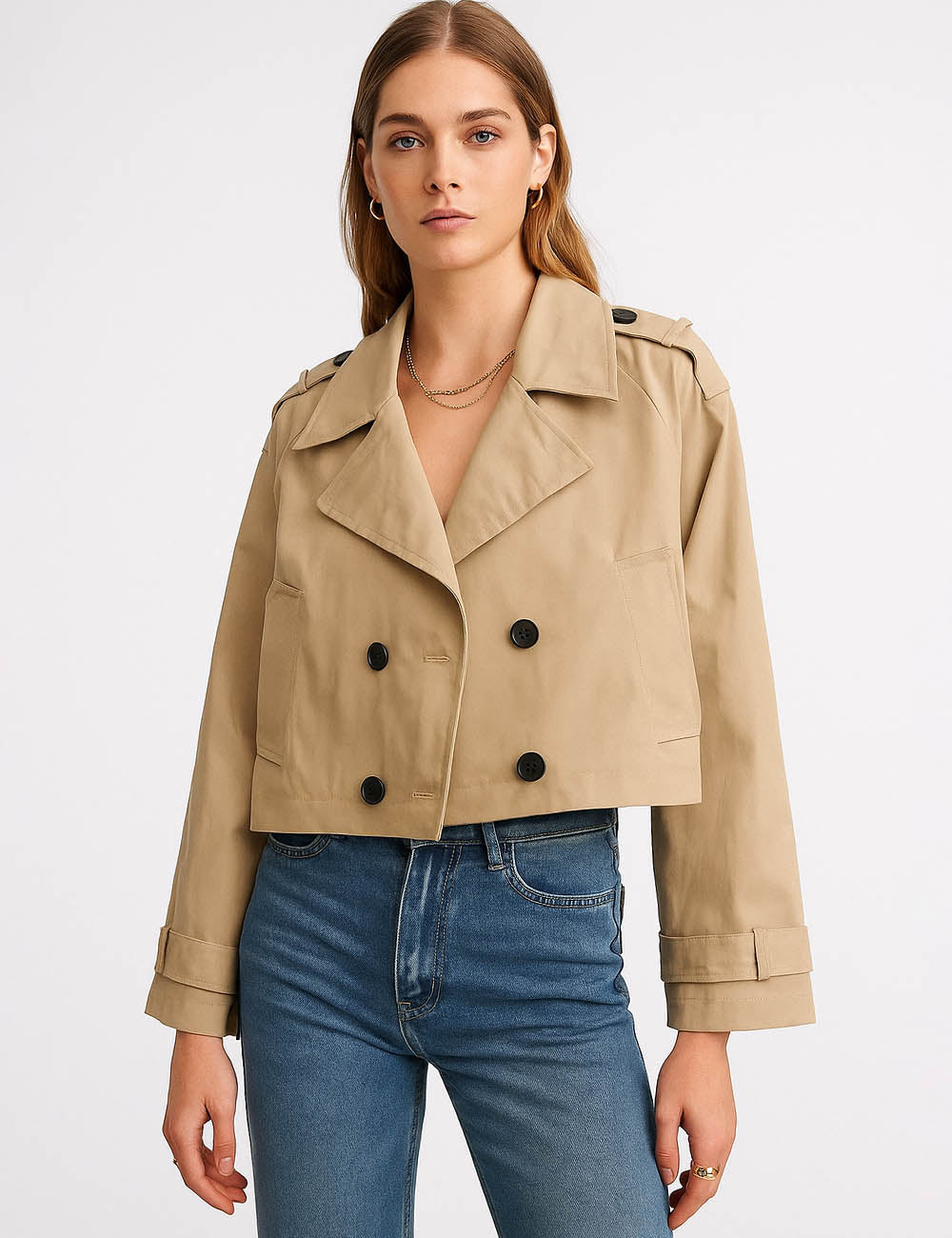Ladies Notched Collar Trench Double Breasted Cropped Jacket