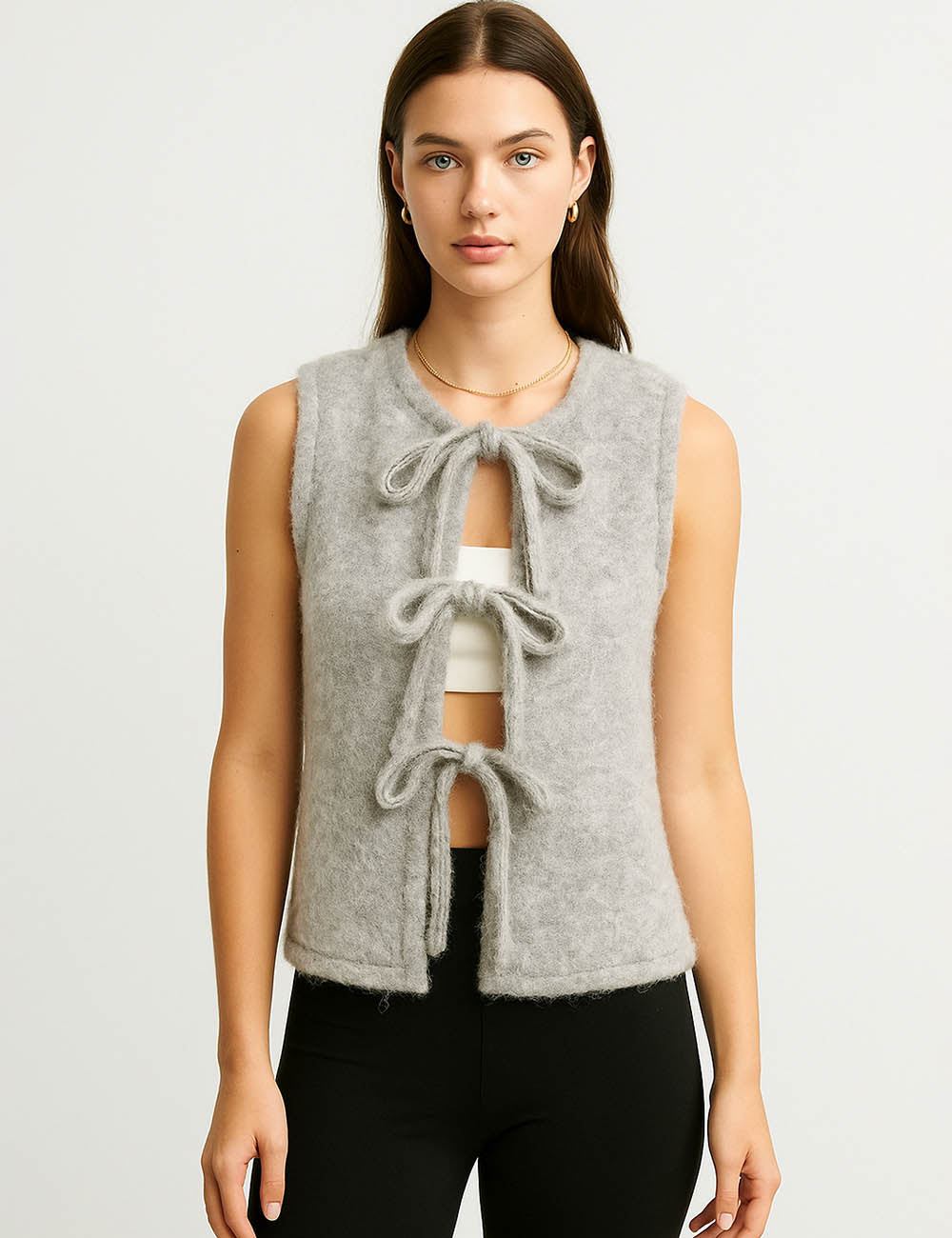 Ladies Faux Fur Round Neck Tie Front Sleeveless Vest