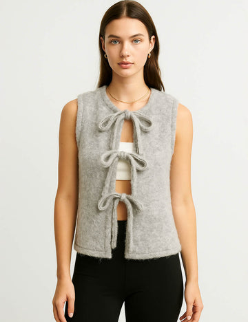 Ladies Faux Fur Round Neck Tie Front Sleeveless Vest