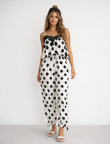 Ladies Chic Polka Dot Lace Trim Cami Top & Pants Matching Set