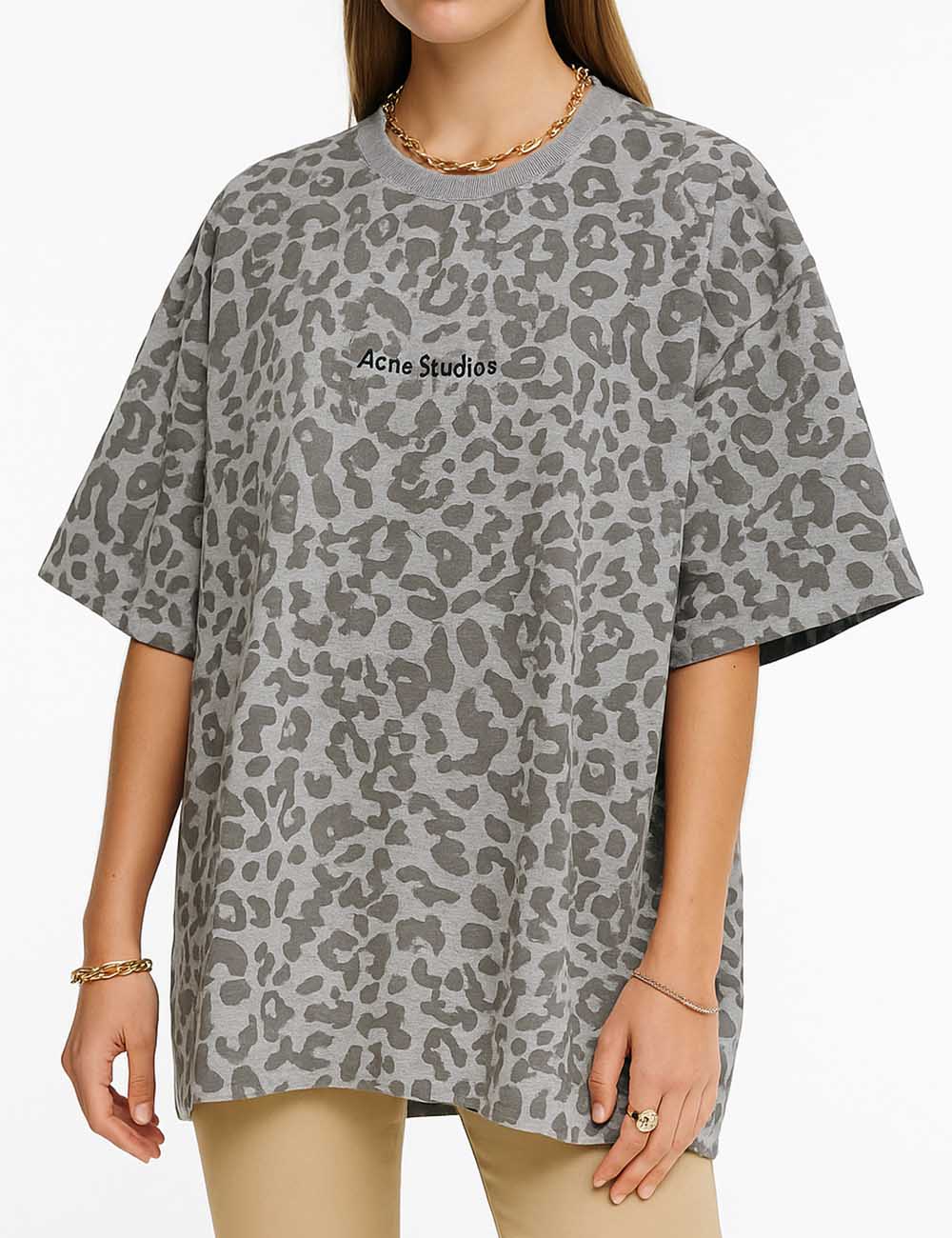 Ladies Leopard Letter Print Round Neck Short Sleeves T-Shirt