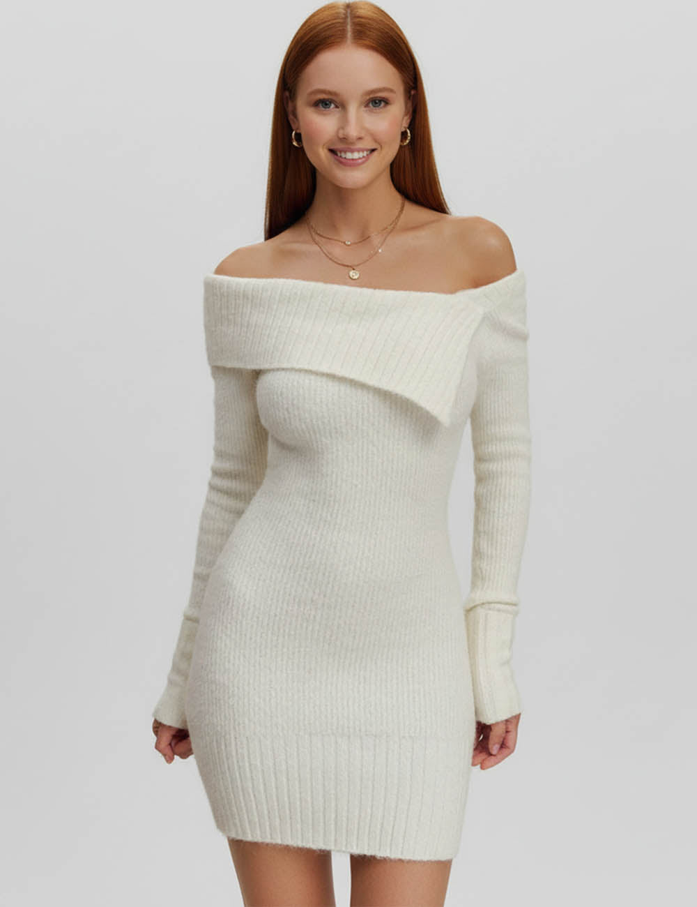 Ladies Off-Shoulder Hip Wrap Knit Mini Dress