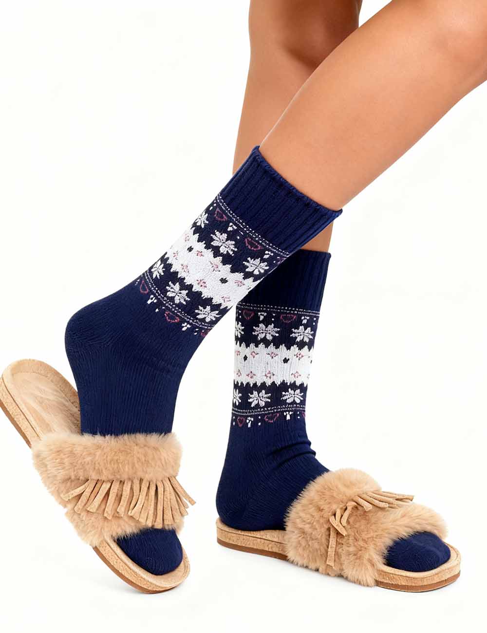 Ladies Warm Wool Blend Fair Isle Snowflake Knit Midi Calf Socks