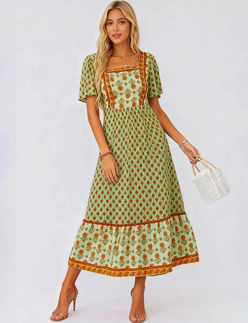 Ladies Boho Floral Print Square Neck Short Sleeves Maxi Dress