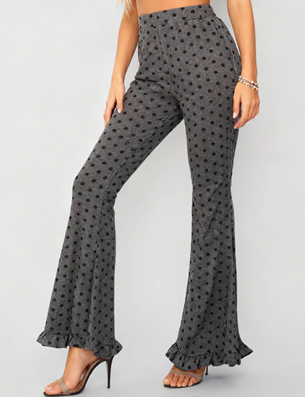 Ladies Polka Dot Elastic Waist Ruffle Flared Leg Pants