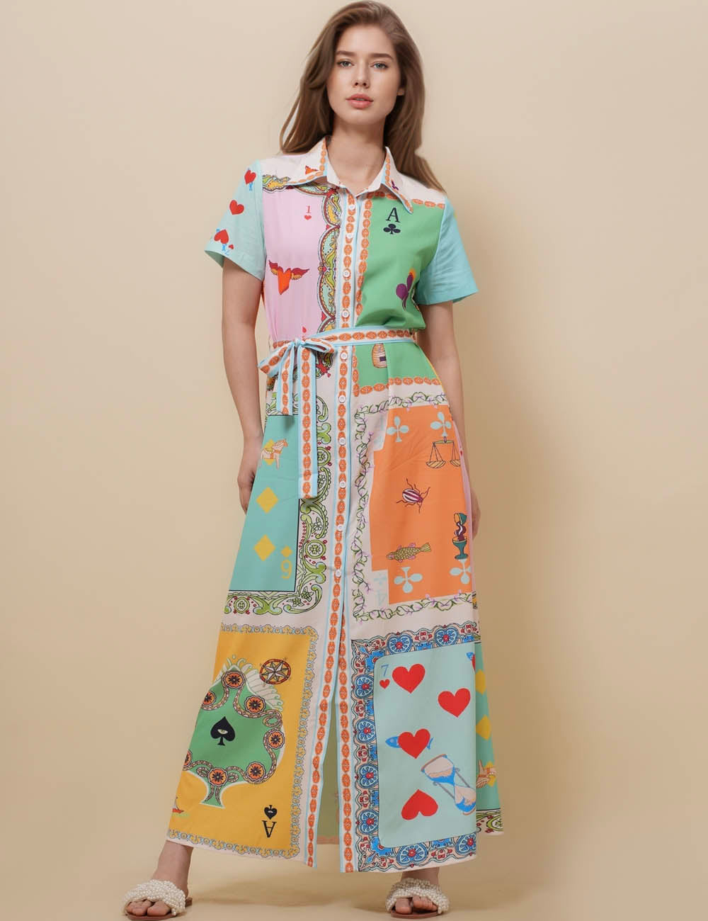 Ladies Turndown Neck Squeezer Print Maxi Dress SKD51178