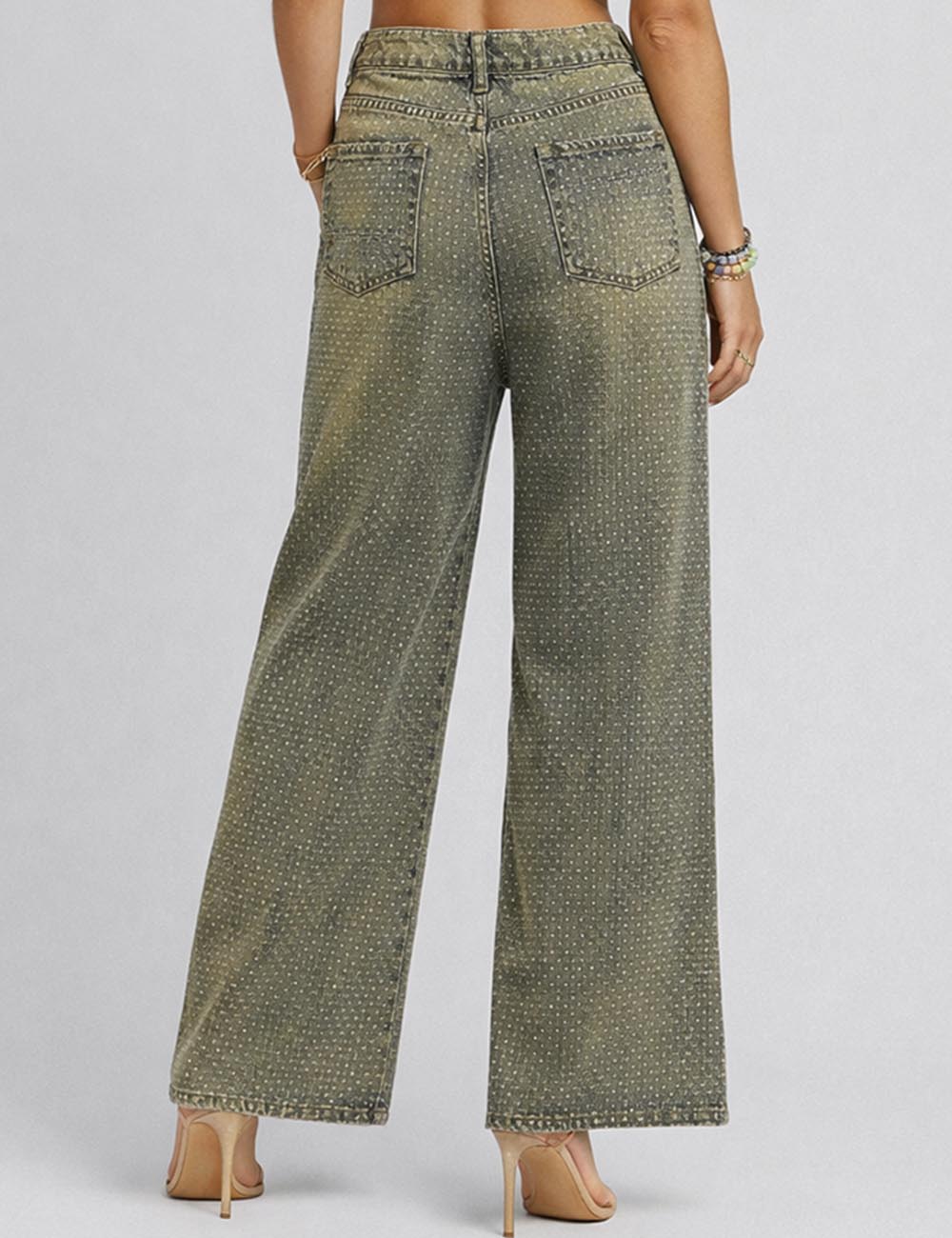 Ladies Sparkle Rhinestone Straight Wide Leg Denim Pants