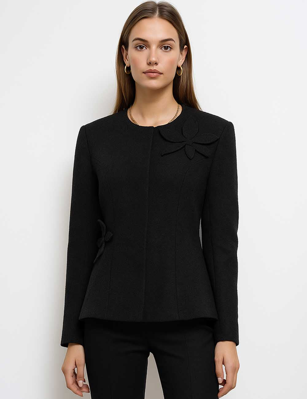 Ladies Floral Patch Button Front Long Sleeves Jacket