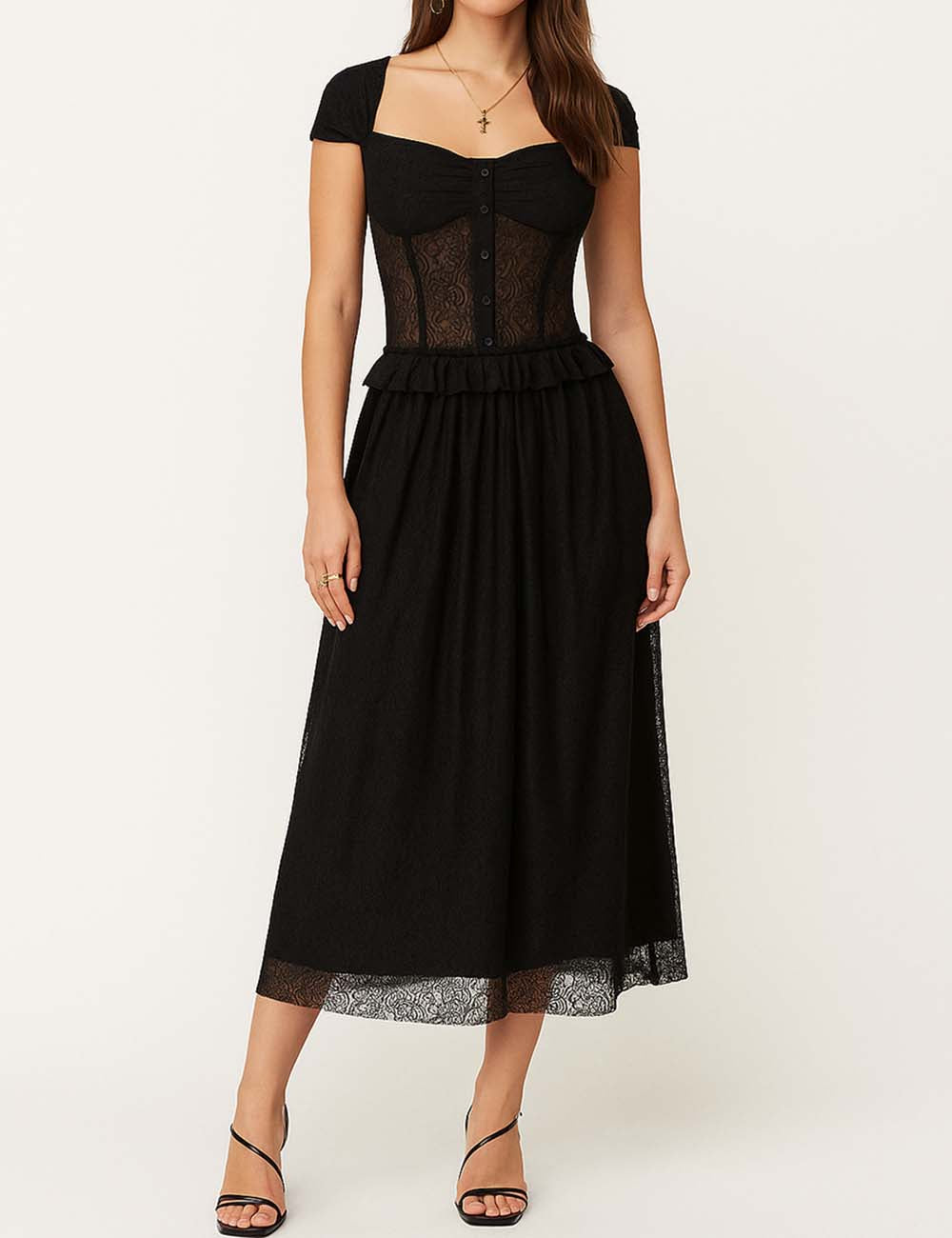 Ladies Lace Sheer Sweetheart Neckline Cap Sleeves Midi Dress