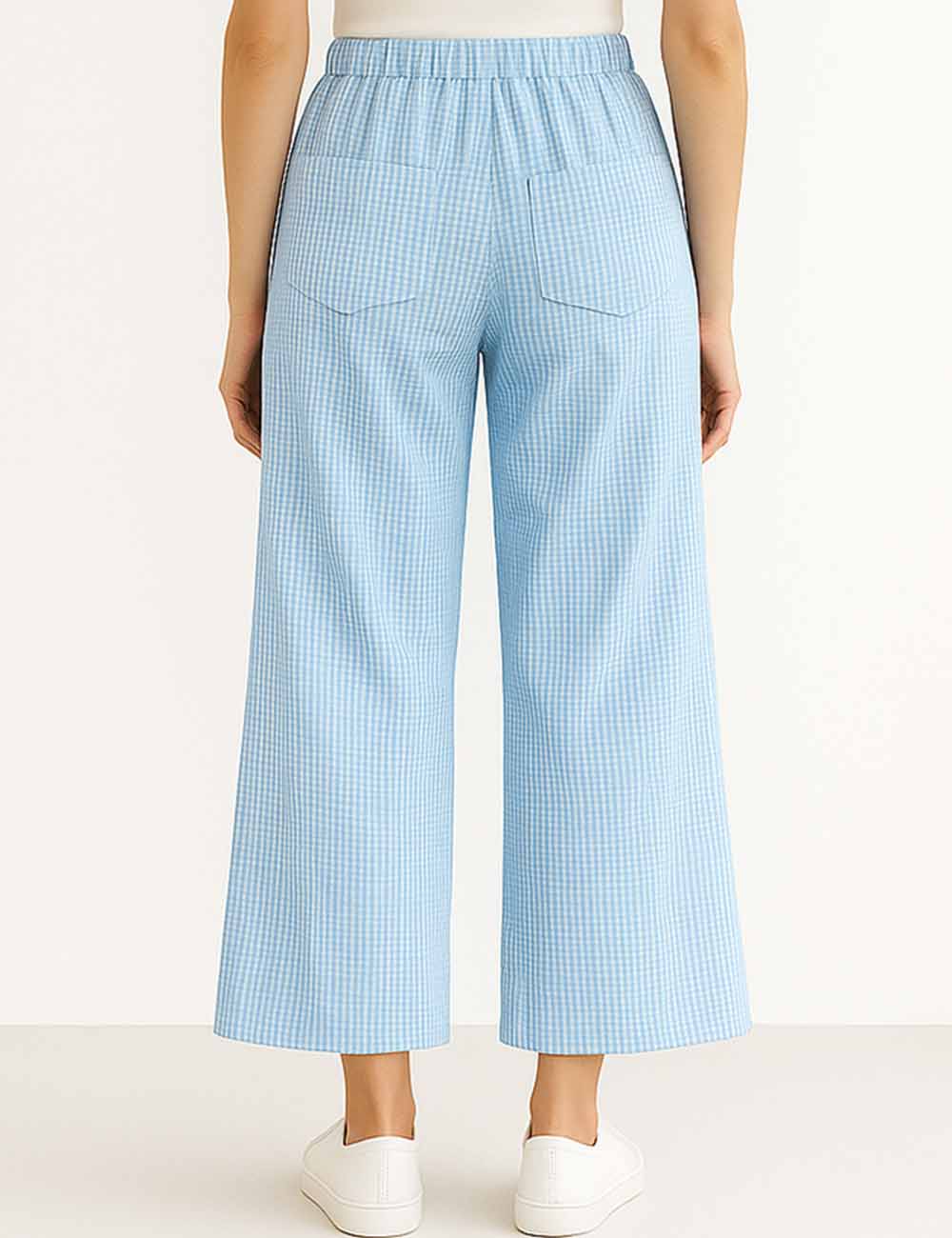Ladies Checked Color Block String Tie Wide Leg Pants