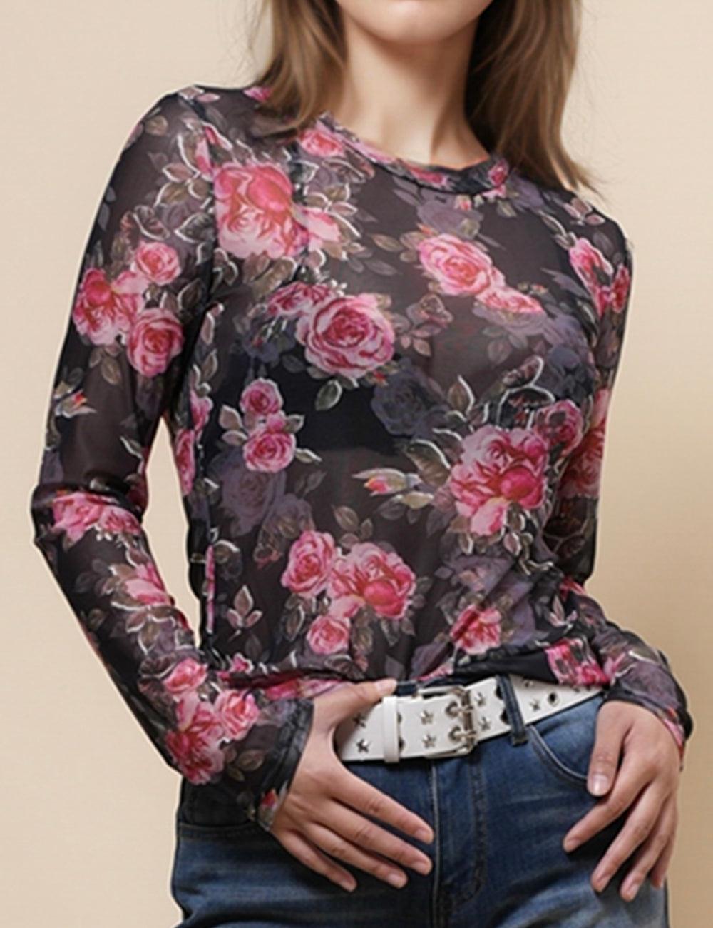 Ladies Floral Print See Sheer Layring Top Pullover Blouse SKT4946