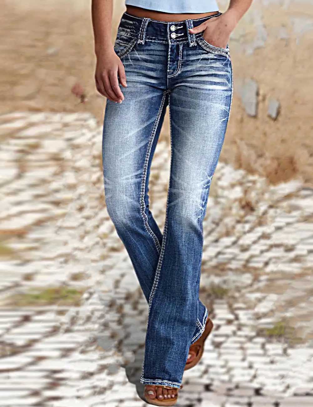 Ladies Button Pocket Flared Leg Denim Pants