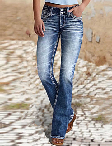 Ladies Button Pocket Flared Leg Denim Pants