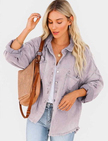 Ladies Distressed Button Down Long Sleeves Denim Jacket