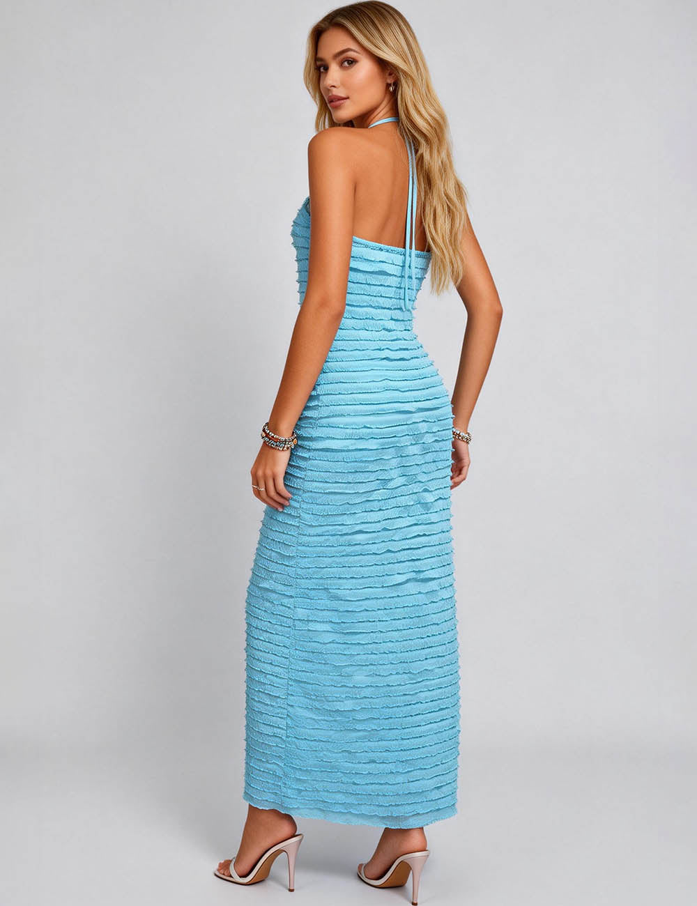 Ladies Halter Deep V Cutout Side Split Ruffle Maxi Dress