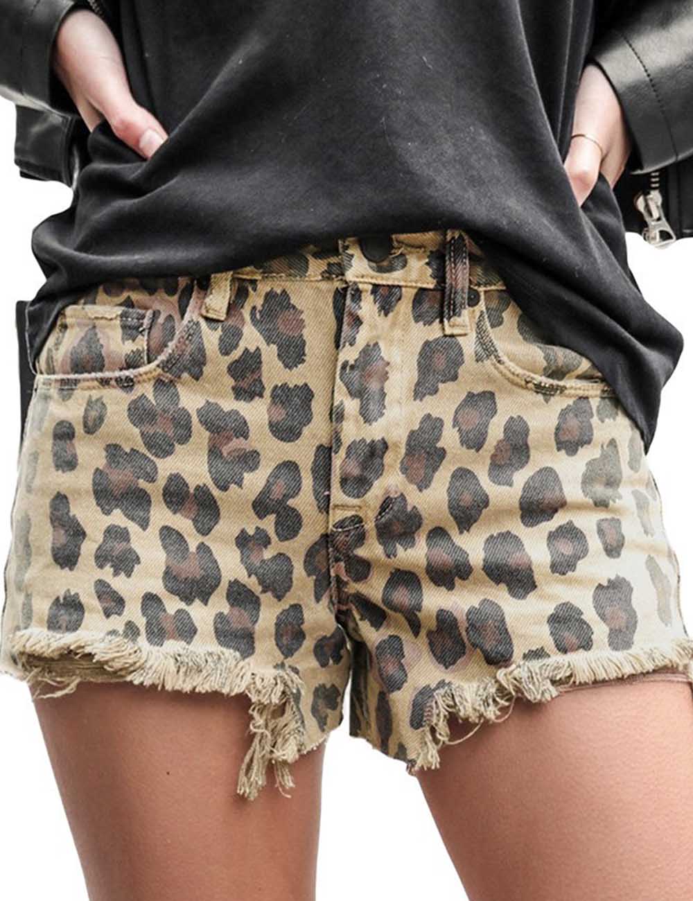 Ladies Color Block Leopard Raw Edge Denim Shorts