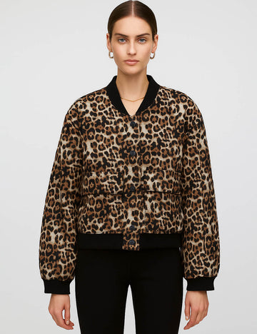Ladies Leopard Print Stand Collar Long Sleeves Bomber Jacket