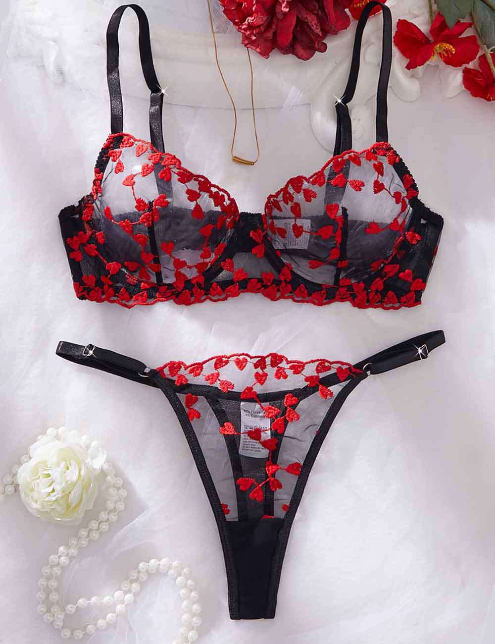 Ladies Valentine Sexy Heart Embroidery Adjustable Straps Lingerie Set